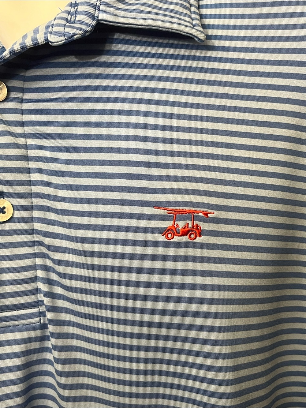 Bald Head Blues Blue & Light Blue Striped Polo with Red Golf Cart Embroidery L